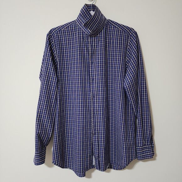 From The House of BOGGI Mens Plaid Long Sleeve Shirt Blue Beige Cotton Sz 41/16 - Picture 5 of 11